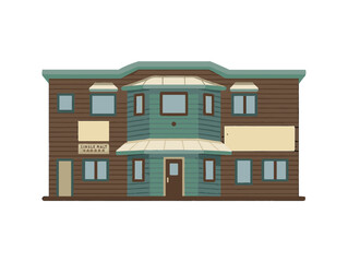 A charming, hand-drawn vector illustration of a two-story wooden lodge or tavern with labeled signage, large windows, and a rustic façade.