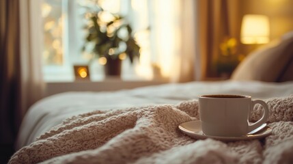 A warm bedroom setting with coffee and a cozy blanket