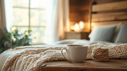 A warm bedroom setting with coffee and a cozy blanket