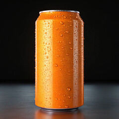 Glossy Fanta Orange Aluminum Can with Condensation on Black Background