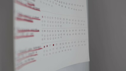 Closeup of a paper habit tracker with rows of empty and filled circles pinned to a wall some tasks...