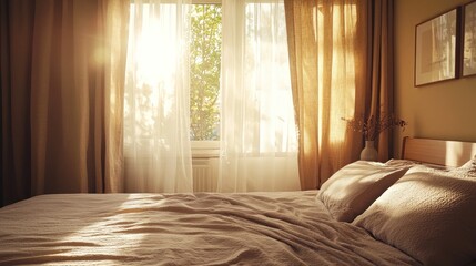 A warm bedroom with soft light filtering through curtains