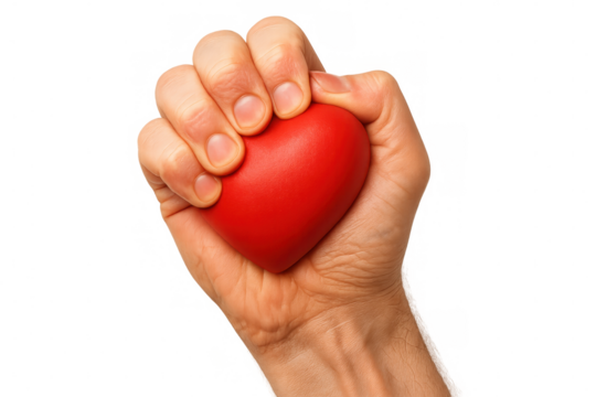 Hand gripping vivid red heart silhouette, representing deep emotional bonds, affection, and interpersonal connection against clear backdrop