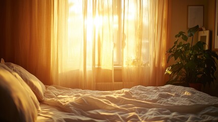A warm bedroom with soft light filtering through curtains