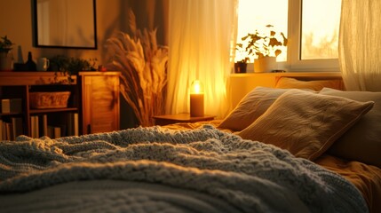 A warm bedroom with soft lighting and plush blankets