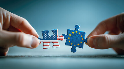 Two hands holding puzzle pieces with flags of USA and EU