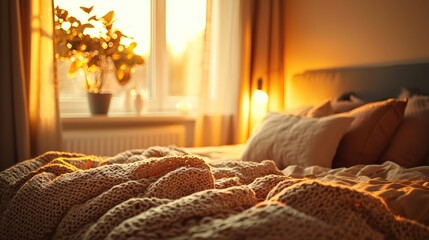 A warm bedroom with soft lighting and plush blankets