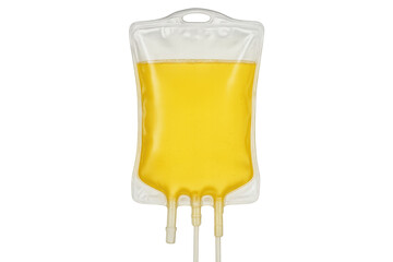Yellow plasma iv drip bag hanging, medical fluid ready for patient treatment, transparent medical equipment background