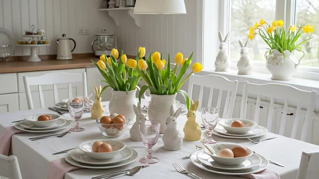 Spring Easter table setting with yellow tulips, bunnies, eggs, in a bright kitchen