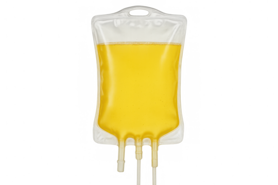 Yellow plasma iv drip bag hanging, medical fluid ready for patient treatment, transparent medical equipment background