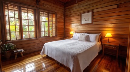 A warm, cozy bedroom with natural wood decor