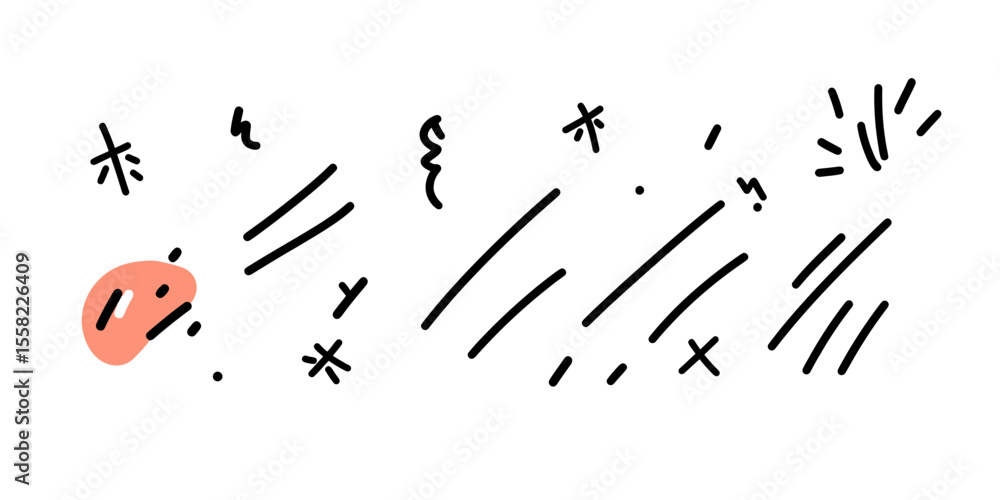 Poster hand drawn abstract black line motion elements with scattered simple shapes and small accents on whi