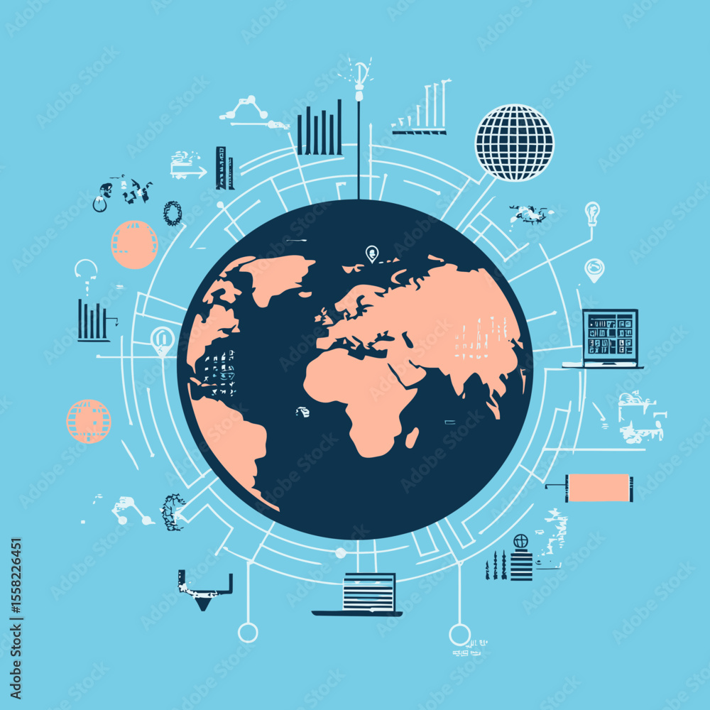 Poster global digital technology network concept with world map data analytics and interconnected devices i
