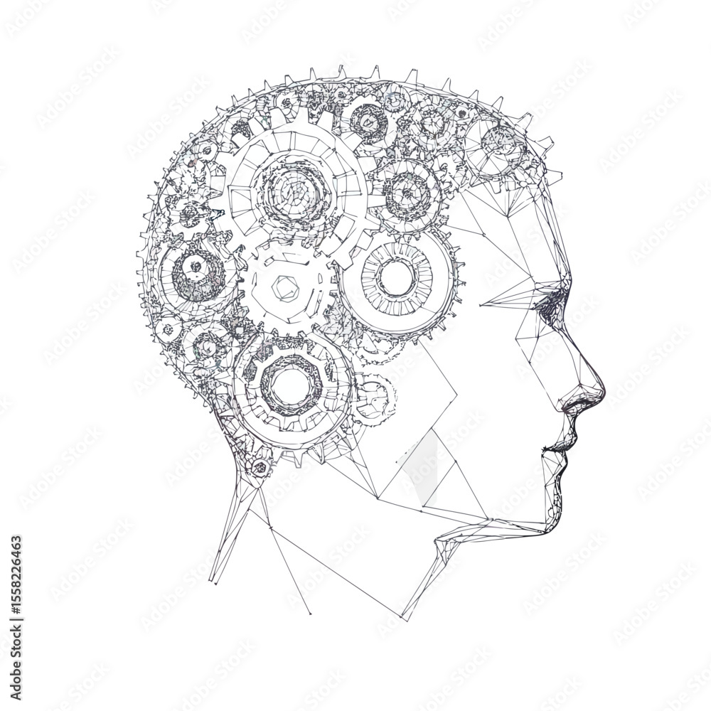 Poster abstract digital wireframe head with interconnected gears and mechanical cogs representing thinking,