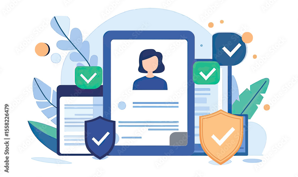 Poster flat vector illustration of online user profile verification with checkmarks and security shields fo