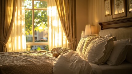 A warm bedroom with soft light filtering through curtains