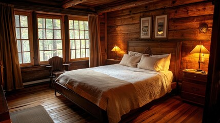 A warm, cozy bedroom with natural wood decor