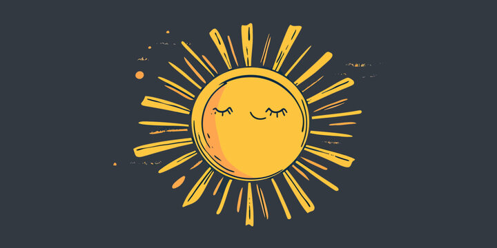 Hand drawn cute yellow sun with closed eyes and irregular sun rays sketch doodle style minimalist vector illustration on dark background for children design