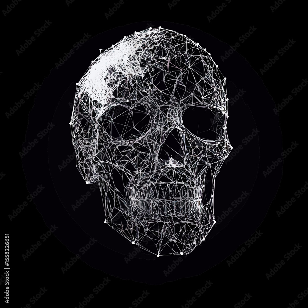 Aufkleber 3d wireframe human skull low poly mesh with interconnected points on black background digital anatom