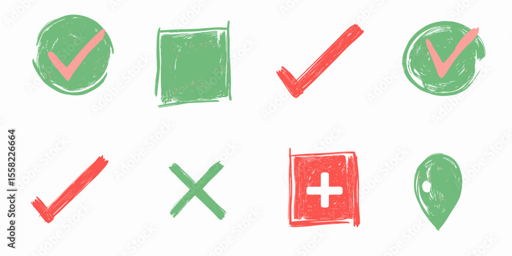 Poster hand drawn green check marks and red cross symbols in circles and squares doodle style vector illust