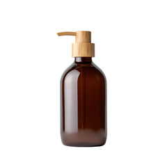 Eco-conscious brown bottle with smooth wooden pump top, representing sustainable personal care design on transparent background
