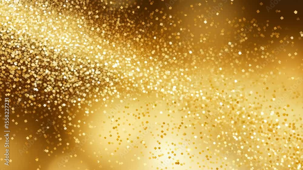 Poster a dynamic, close-up video of shimmering golden particles cascading diagonally, creating a luxurious 