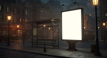 A city street scene at night, with a blank billboard