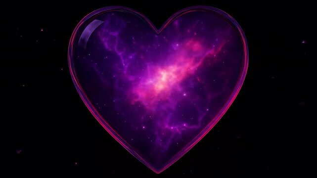 The unfolding of the universe in purple tones inside a 3d glass heart, on a black abstract background, animated motion background video footage

