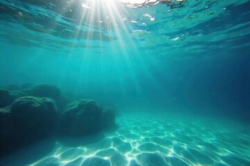 Obraz premium Ethereal Underwater Dreamscape Vibrant Blue, Green, and Teal Hues Blend Subtly Beneath the Surface, Perfect for Abstract Art, Design, and Environmental Projects