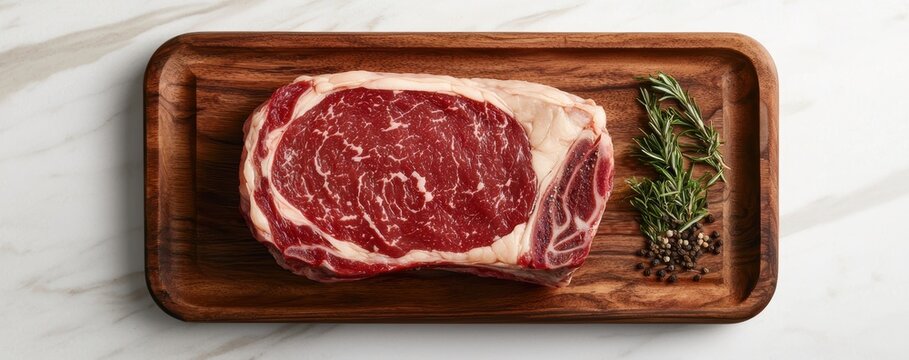 A beautifully marbled ribeye steak rests on a wooden cutting board, accompanied by fresh herbs, showcasing its rich color and texture. - Powered by Adobe