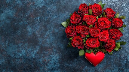 Heart-Shaped Arrangement of Red Roses on Textured Dark Blue Background for Romantic Occasion