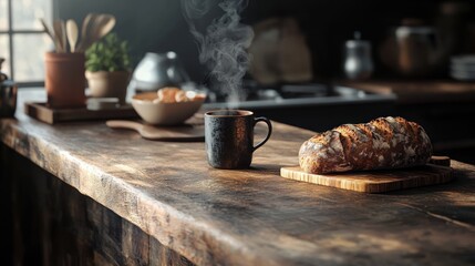 A warm, rustic wooden kitchen countertop with fresh-baked bread and a steaming mug of tea