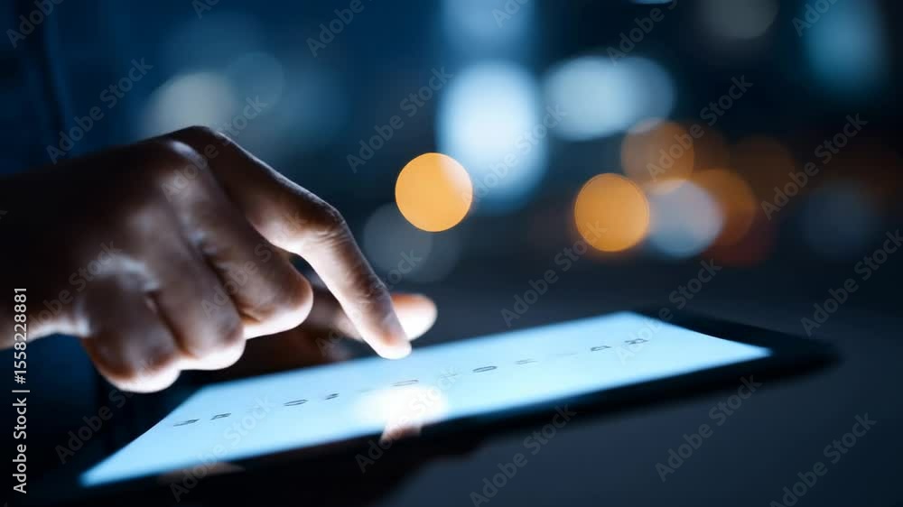 Poster engaging touch interaction on tablet device with vibrant bokeh lights in background during evening h