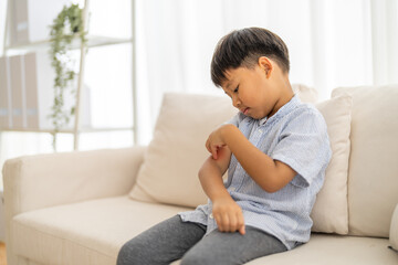 Fototapeta premium Young asian boy concerned expression itch or skin irritation, children allergy, particularly those related to skin care and health, childhood, health, skin care and medical attention daily life