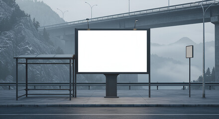 Blank billboard at a bus stop on a misty mountain road