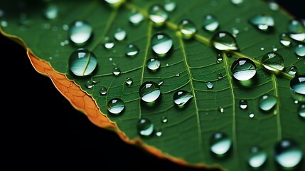 Macro Shot of Green Leaf with Water Droplets Reflecting Sky and Light