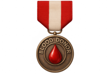 Bronze blood donor medal with red ribbon and blood drop, celebrating voluntary blood donation, isolated on transparent background
