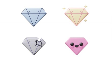 Four colorful cartoon diamond illustrations