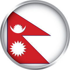 round icon of nepal unique double-pennon flag with white moon and sun on crimson red with blue border

