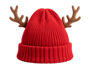  Firefly_Festive red knit hat with reindeer antlers on white isolated background.