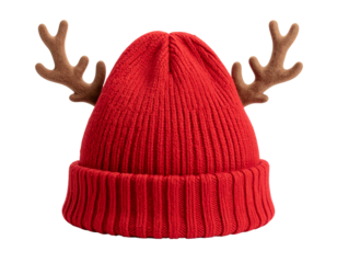  Firefly_Festive red knit hat with reindeer antlers on white isolated background.