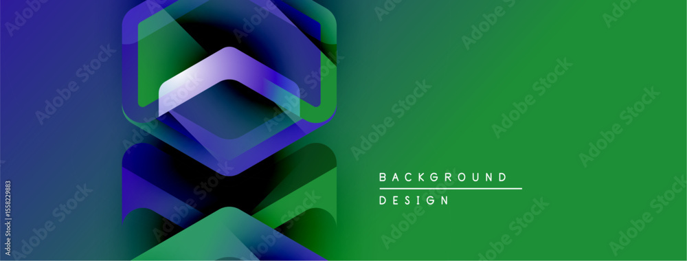 Poster Abstract geometric shapes overlap, creating dynamic visual effect. Gradient colors blend from blue to green. Modern design element.