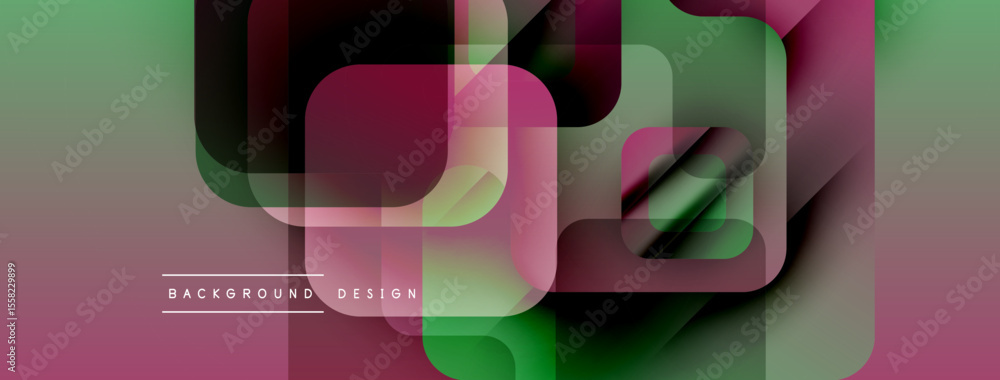 Poster Abstract geometric pattern. Overlapping squares create modern design. Green, purple hues dominate composition. Minimal text present.