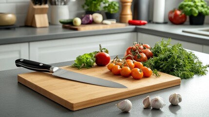A well-organized kitchen workspace with a cutting board, fresh produce, and a sharp chefâ€™s knife