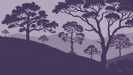 Obraz premium Smooth repeating design with trees and hills in dark purple black background vector illustration. 