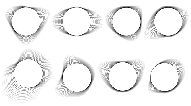 Collection of warped circular line art elements. Minimalist abstract contour shapes for posters, logos, and digital interfaces. Abstract black shapes suitable for tech, branding, and design concepts.