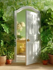 White door on a foliage wall banner