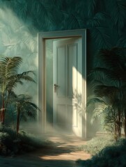 White door on a foliage wall banner