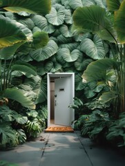 White door on a foliage wall banner