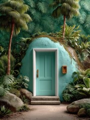 White door on a foliage wall banner